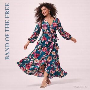 Band Of The Free Floral Wrap Maxi Dress Long Sleeve Teal Pink Floral Romantic M